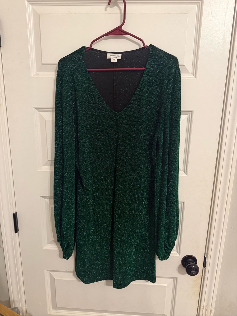 Chic Soul Emerald Sparkle V-Neck Long Sleeve Dress
